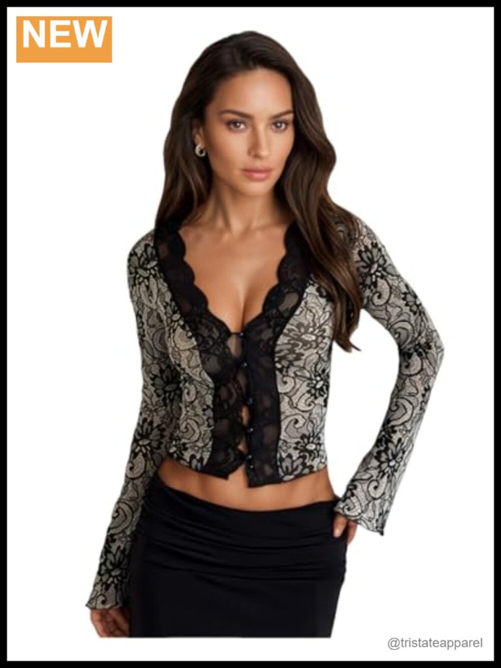Women's Sheer Mesh Leopard Print Crop Top Deep V Neck Lace Trim Long Flare